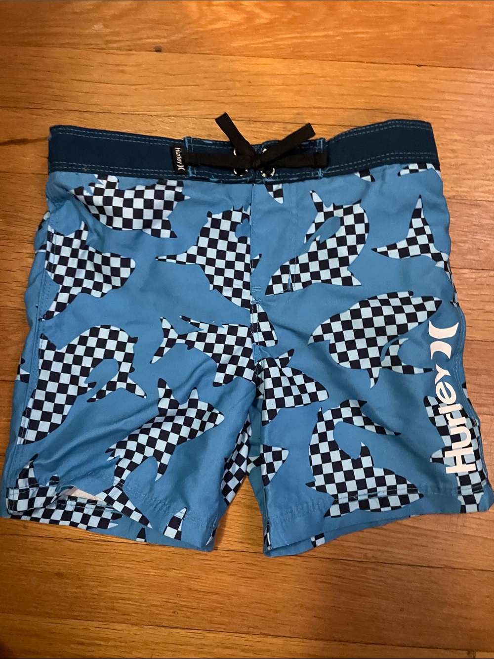 Hurley Blue Swim Trunks with Black-and-White Checker Shark Print